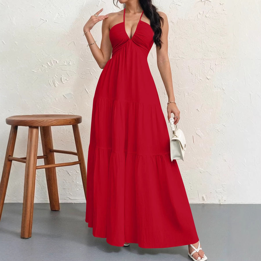 Backless Halterneck Pleated A-Line Maxi Dress