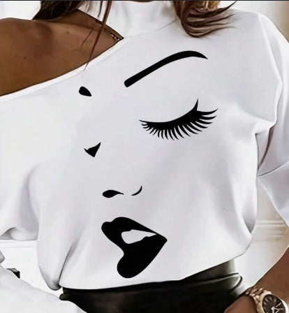 Women's Cartoon Line Open Shoulder Long Sleeve Top