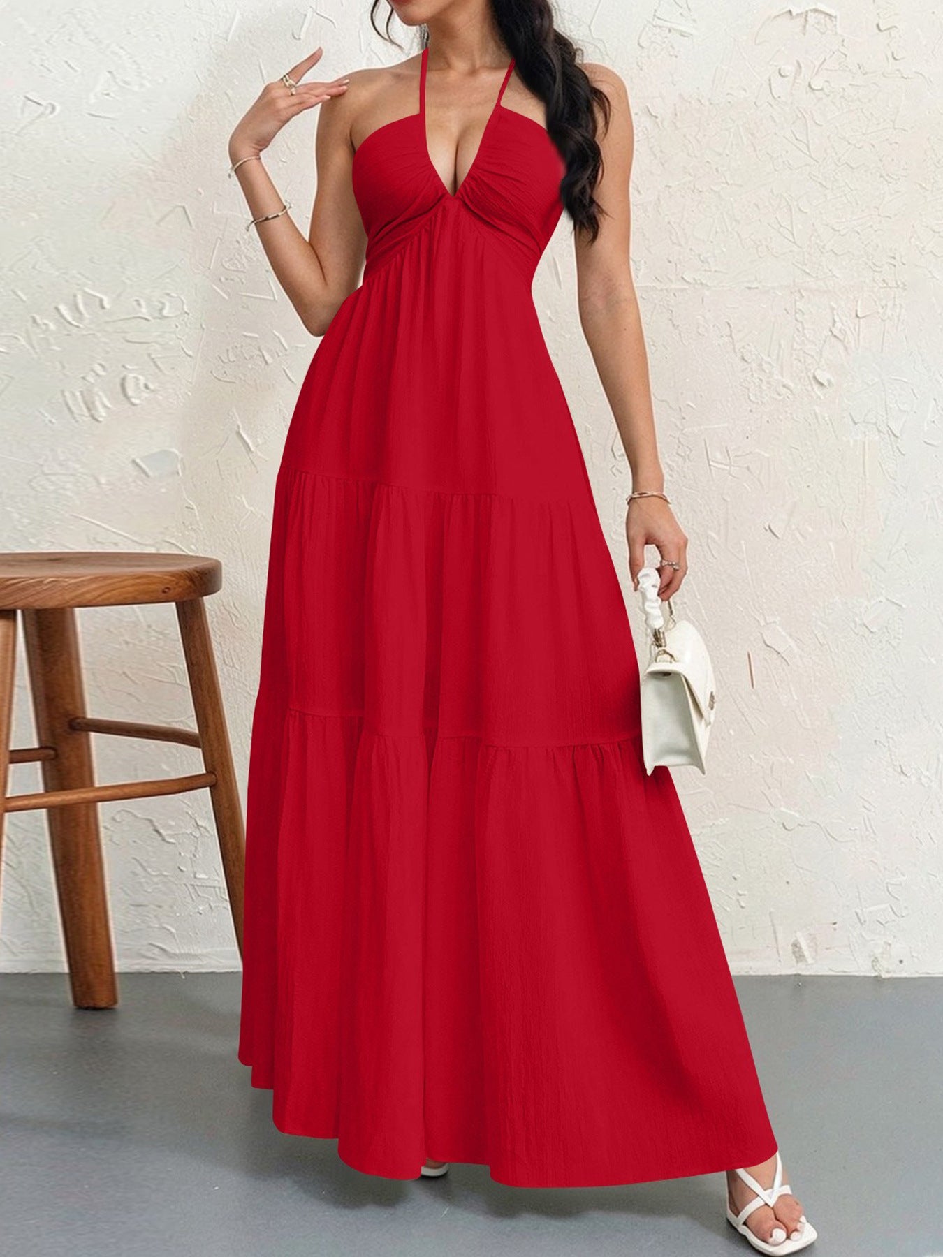 Backless Halterneck Pleated A-Line Maxi Dress