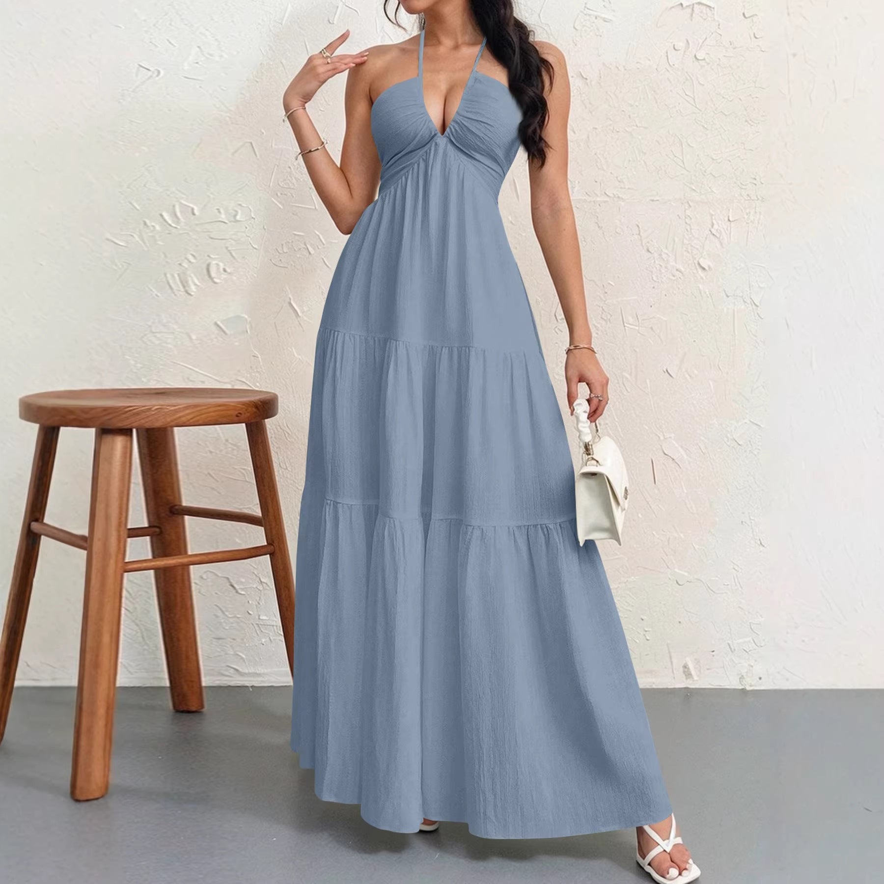 Backless Halterneck Pleated A-Line Maxi Dress