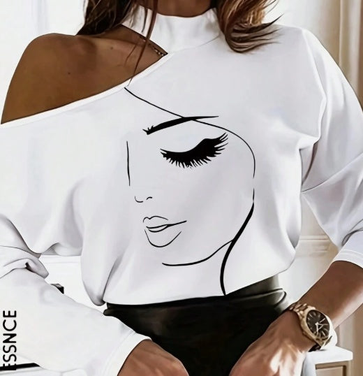 Women's Cartoon Line Open Shoulder Long Sleeve Top