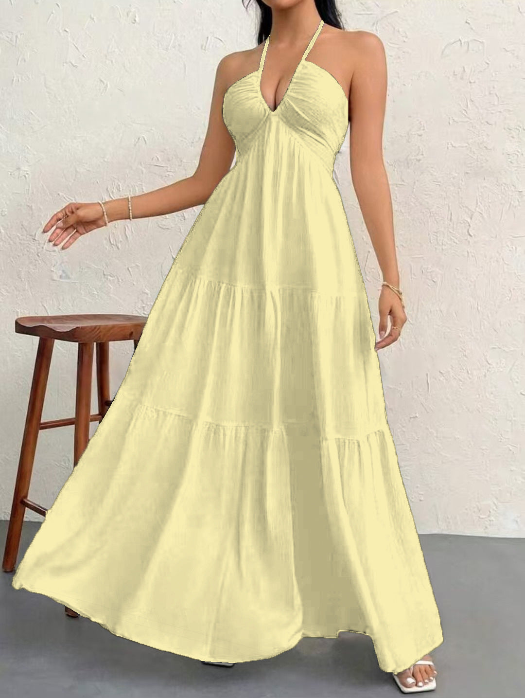 Backless Halterneck Pleated A-Line Maxi Dress