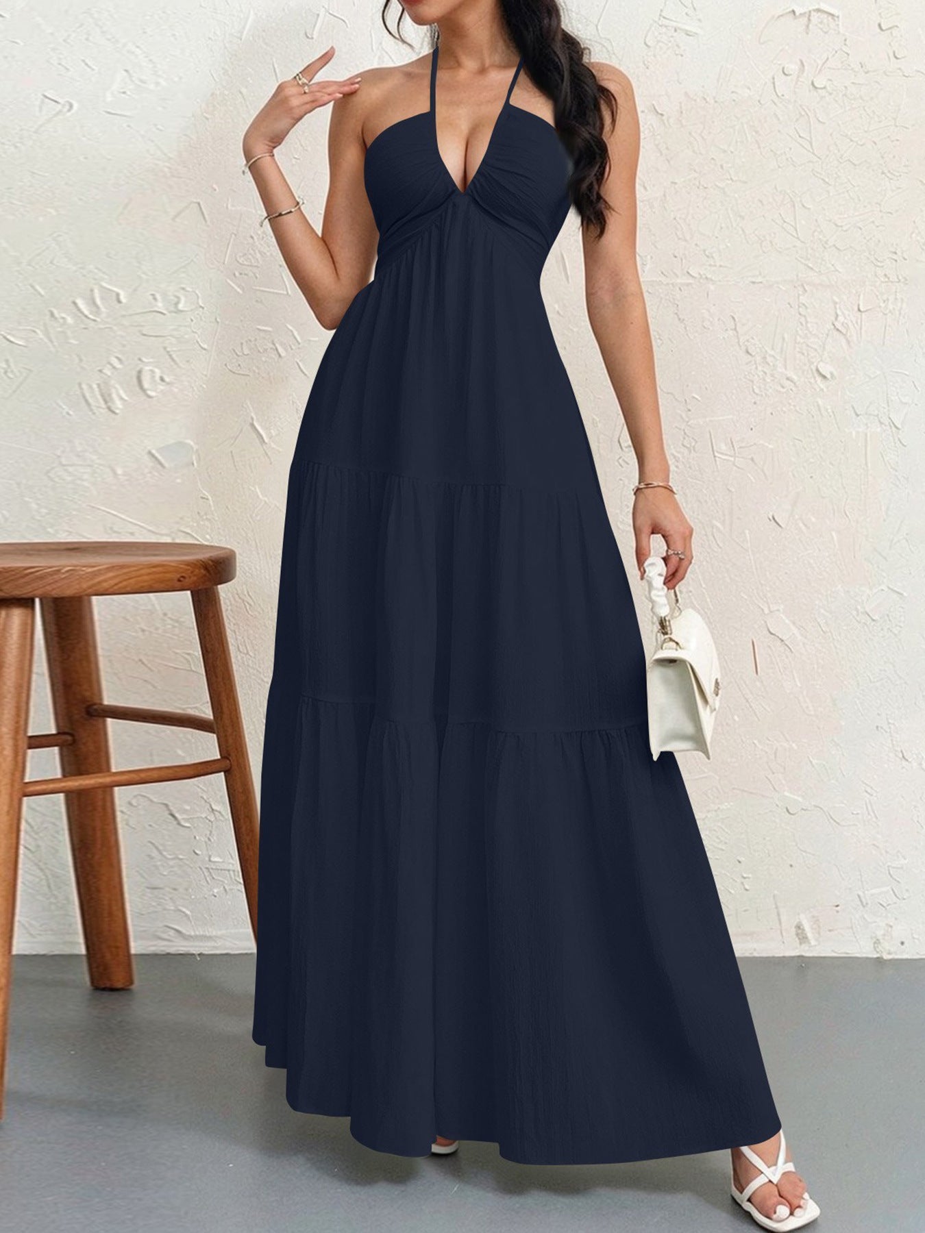 Backless Halterneck Pleated A-Line Maxi Dress