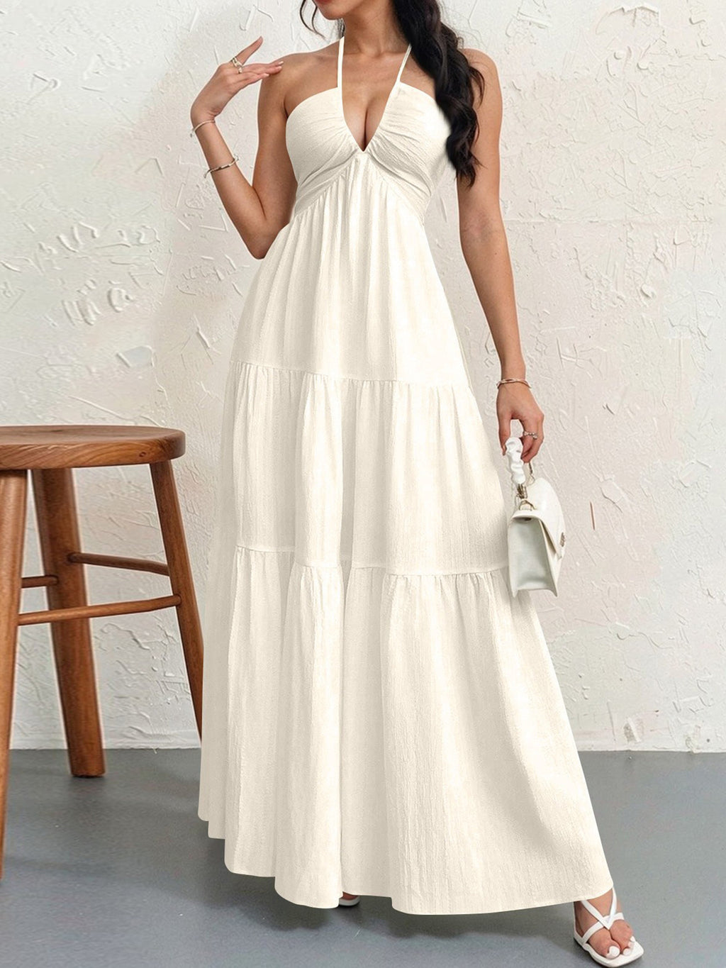 Backless Halterneck Pleated A-Line Maxi Dress