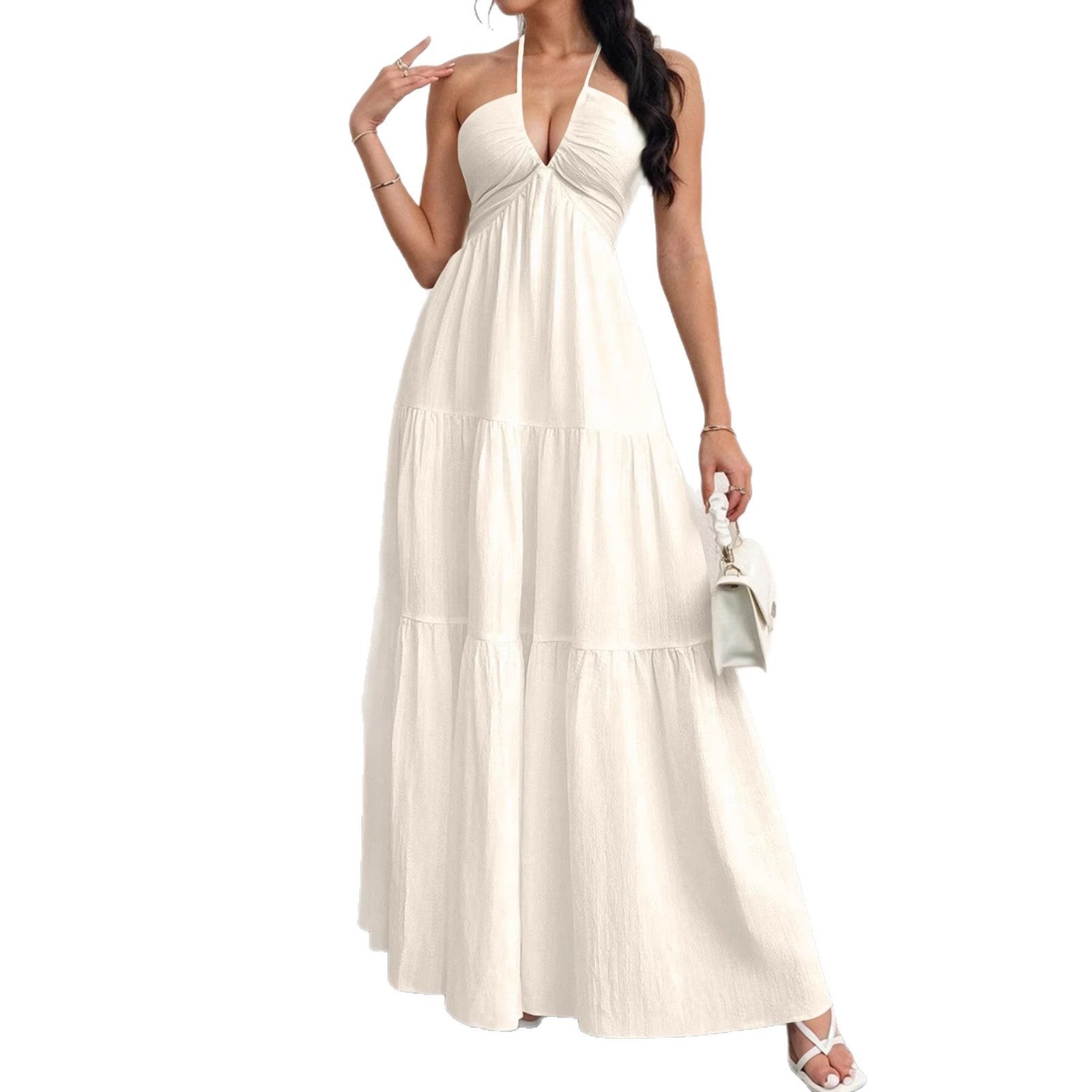 Backless Halterneck Pleated A-Line Maxi Dress