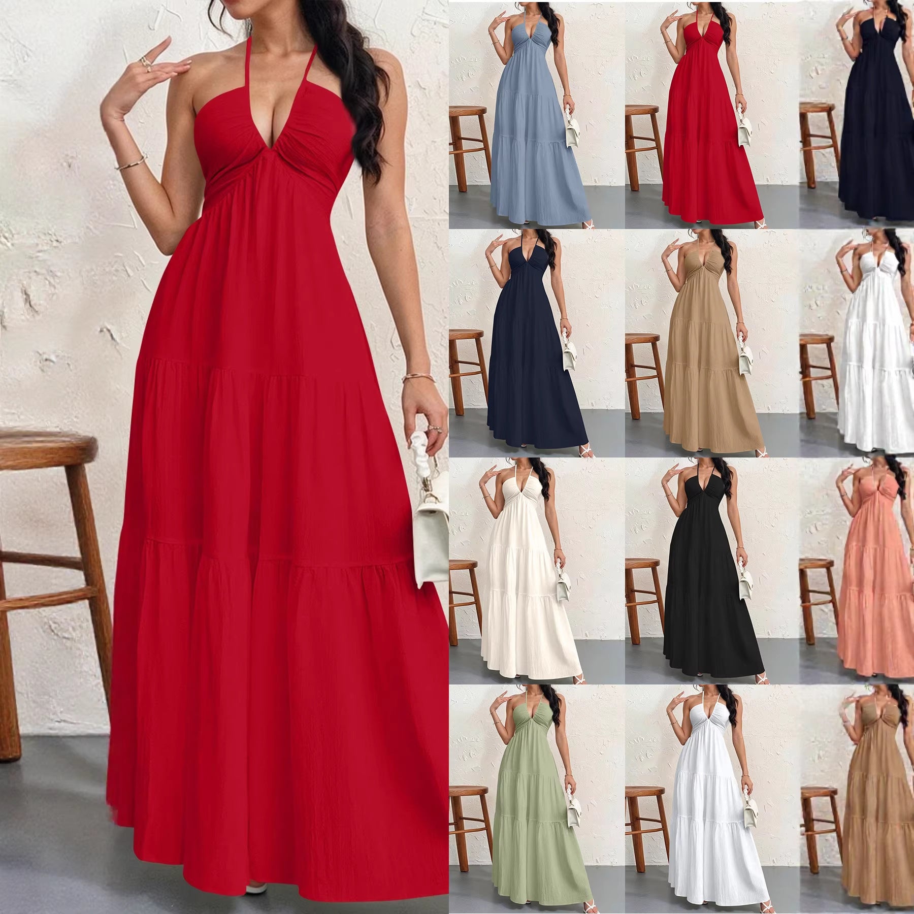 Backless Halterneck Pleated A-Line Maxi Dress