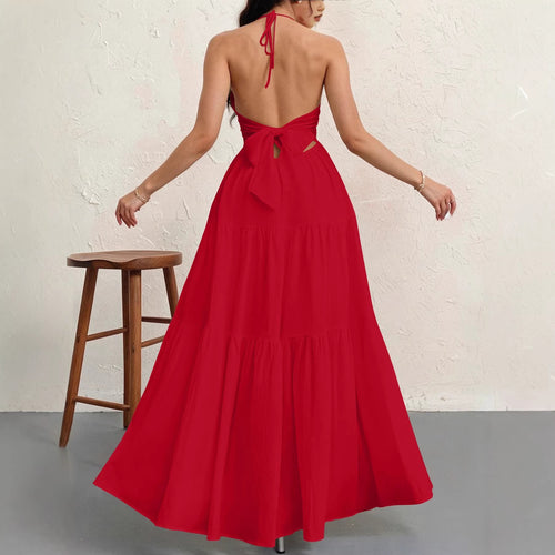 Backless Halterneck Pleated A-Line Maxi Dress